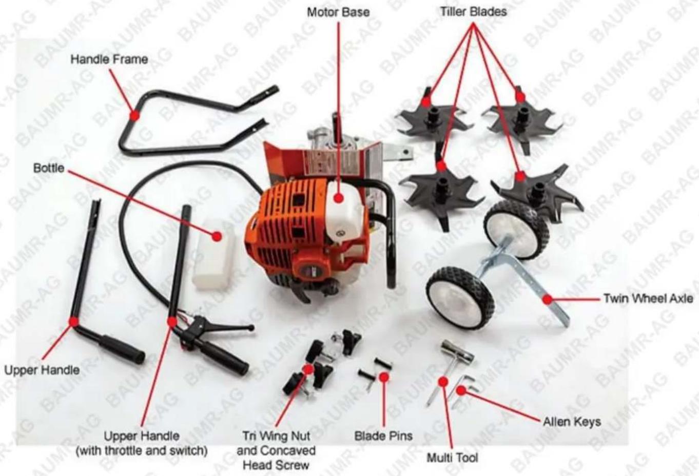 Motor Base Tiller Blades Handle Frame Bottle Upper Handle Upper Handle (with throttle and switch) Tri Wing Nut and Concaved Head Screw Blade Pins Multi Tool Twin Wheel Axle Allen Keys