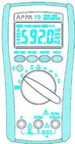 APPA 73 TURF AND MULTIMETERS 592.0V MIN MAX 100 MHz RANGE HOLD A COM 44-Hu VOLA COM