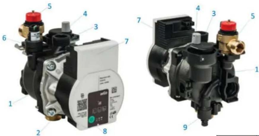 Technical diagram of a pressure pump with numbered components and labeled parts
