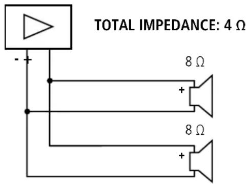 TOTAL IMPEDANCE: 4 Ω - + 8 Ω + 8 Ω +