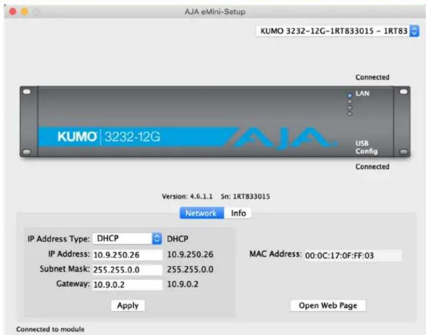AJA KUMO 6464 - Control Network Tab Screen - 1