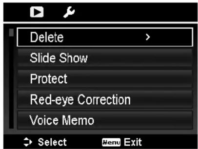 Delete Slide Show Protect Red-eye Correction Voice Memo Select Menu Exit
