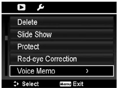 Delete Slide Show Protect Red-eye Correction Voice Memo > Select Menu Exit