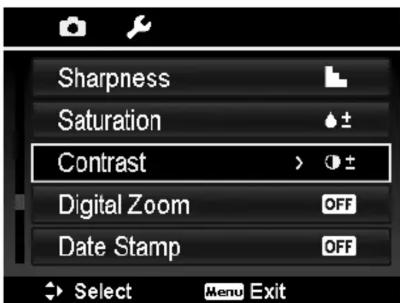 Sharpness Saturation Contrast > 0 ± Digital Zoom OFF Date Stamp OFF Select Menu Exit