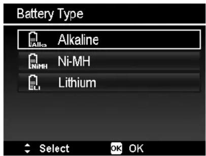 Battery Type Alkaline NiMH Lithium Select OK OK