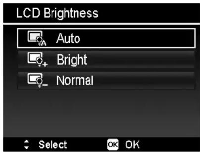 LCD Brightness Auto Bright Normal Select OK OK