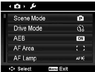 Scene Mode Drive Mode AEB AF Area AF Lamp Select Menu Exit