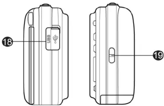 Technical diagram of a device rear panel with labeled parts 18 and 19, showing internal components and mounting features.