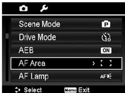 Scene Mode Drive Mode AEB ON AF Area > AF Lamp AF Select Menu Exit