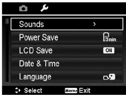 Sounds Power Save LCD Save ON Date & Time Language Select Menu Exit