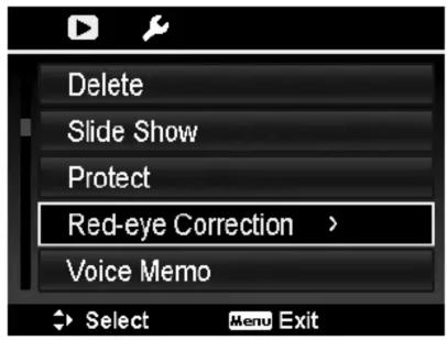 Delete Slide Show Protect Red-eye Correction > Voice Memo Select Menu Exit