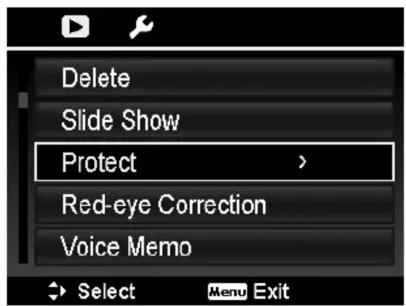 Delete Slide Show Protect > Red-eye Correction Voice Memo Select Menu Exit