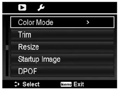 Color Mode Trim Resize Startup Image DPOF Select Menu Exit