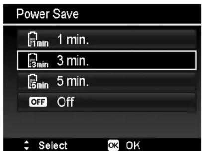 Power Save 1 min. 3 min. 5 min. OFF Off Select OK OK