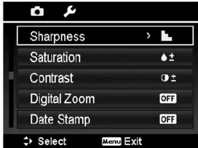 Sharpness Saturation Contrast Digital Zoom Date Stamp Select Menu Exit
