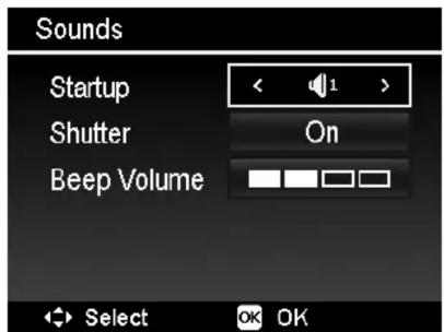 Sounds Startup < 1 > Shutter On Beep Volume Select OK OK