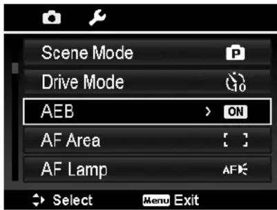 Scene Mode Drive Mode AEB > ON AF Area AF Lamp Select Menu Exit