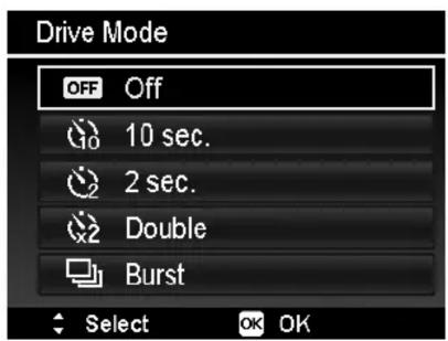 Drive Mode OFF Off 10 sec. 2 sec. Double Burst Select OK OK