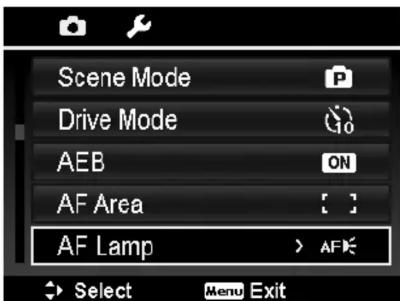 Scene Mode Drive Mode AEB AF Area AF Lamp > AF