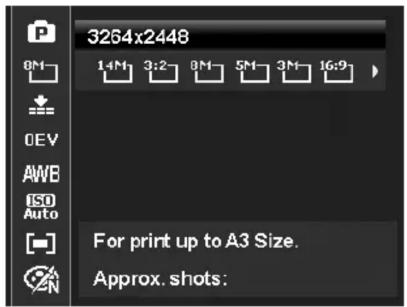 3264x2448 8M 14M 3:2 8M 5M 3M 16:9 For print up to A3 Size. Approx. shots: