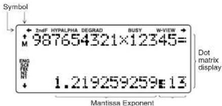 Symbol + 2ndF HYPALPHA DEGRAD BUSY W-VIEW + M 987654321×12345= ENG SCI FIX H2 NT - 1.219259259E13 Dot matrix display Mantissa Exponent