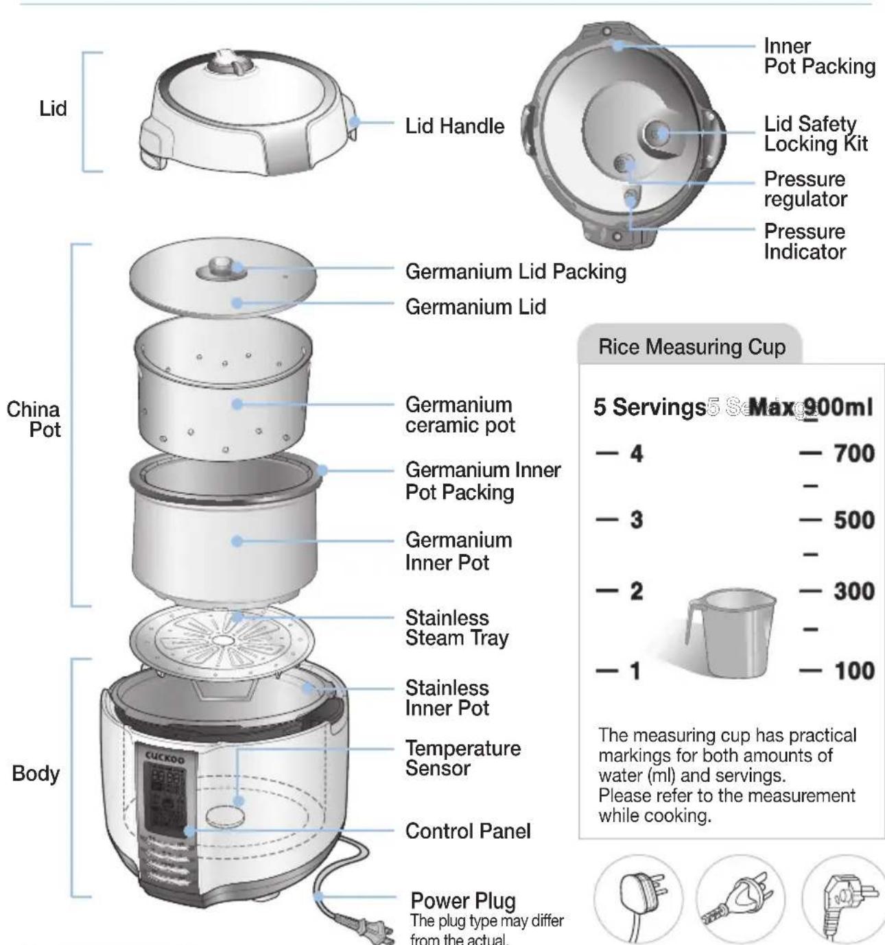 Lid Inner Pot Packing Lid Handle Lid Safety Locking Kit Pressure regulator Pressure Indicator Germanium Lid Packing Germanium Lid China Pot Germanium ceramic pot Germanium Inner Pot Packing Germanium Inner Pot Stainless Steam Tray Stainless Inner Pot Temperature Sensor Control Panel Body Power Plug The plug type may differ from the actual. Rice Measuring Cup 5 Servings 5 Max 900ml 4 — 700 — 3 — 500 — 2 — 300 — 1 — 100 The measuring cup has practical markings for both amounts of water (ml) and servings. Please refer to the measurement while cooking.