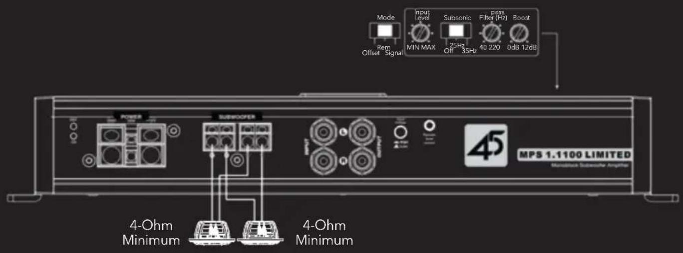 Mode Rem Offset Signal Input Level MIN MAX Subsonic 25Hz Off 35Hz pass Filter (Hz) 40 220 0dB 12dB Boost 4-Ohm Minimum SUBVOOPER 4-Ohm Minimum 45 MPS 1.1100 LIMITED Monoblock SubmaxPer AmperMax