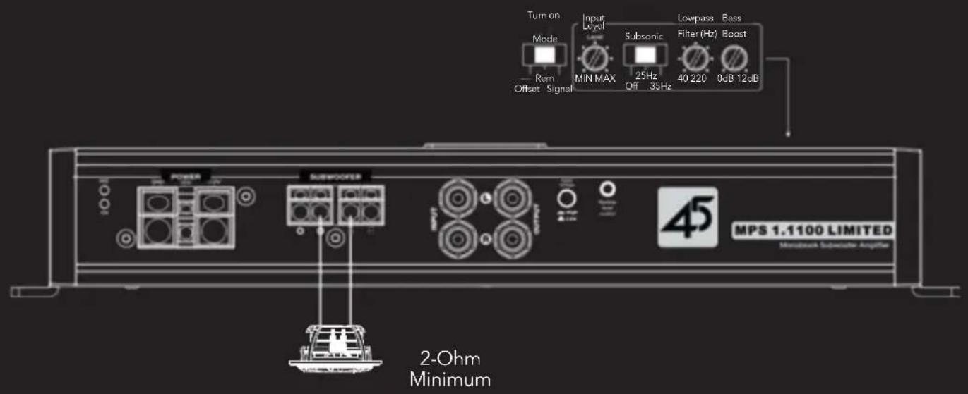 Turn on Mode Input Level Lowpass Base Min MAX Subsonic Filter (Hz) 40 220 0dB 12dB Offset Signal OFF 3GHz Power Subwoofer MPS 1.1100 LIMITED Monobruck Subwoofer Amplifier 2-Ohm Minimum
