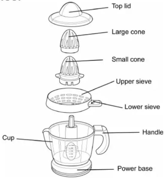 Top lid Large cone Small cone Upper sieve Lower sieve Cup Handle Power base