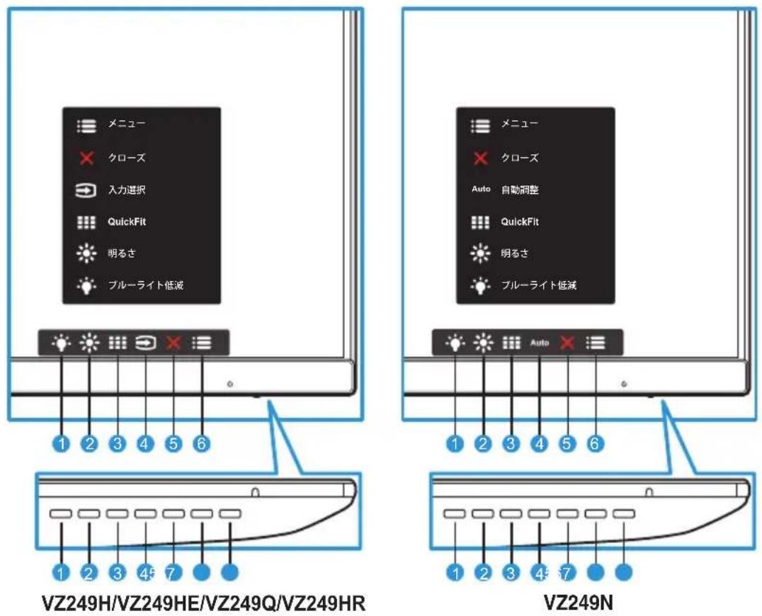 メニュー クローズ 入力選択 QuickFit 明るさ ブルーライト低減 1 2 3 4 5 6 VZ249H/VZ249HE/VZ249Q/VZ249HR メニュー クローズ Auto 自動調整 QuickFit 明るさ ブルーライト低減 1 2 3 4 5 6 1 2 3 4 5 6 VZ249N