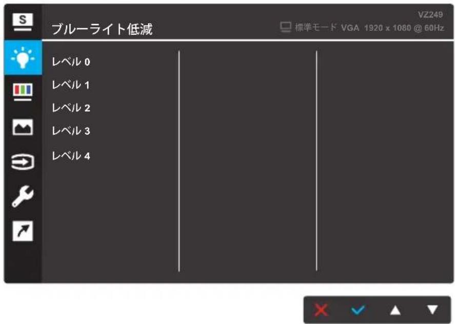 ブルーライト低減 VZ249 標準モード VGA 1920 x 1080 @ 60Hz レベル 0 レベル 1 レベル 2 レベル 3 レベル 4