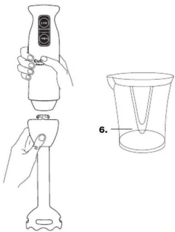 Technical diagram showing a hand holding a CUB brand brush and a close-up of its V-shaped container with label '6.'