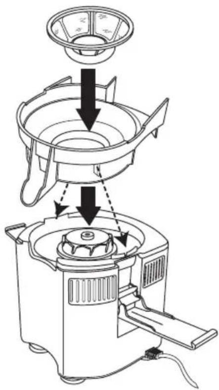 Diagram showing a kitchen appliance with a lid and handle, illustrating the process of cleaning or disassembly.