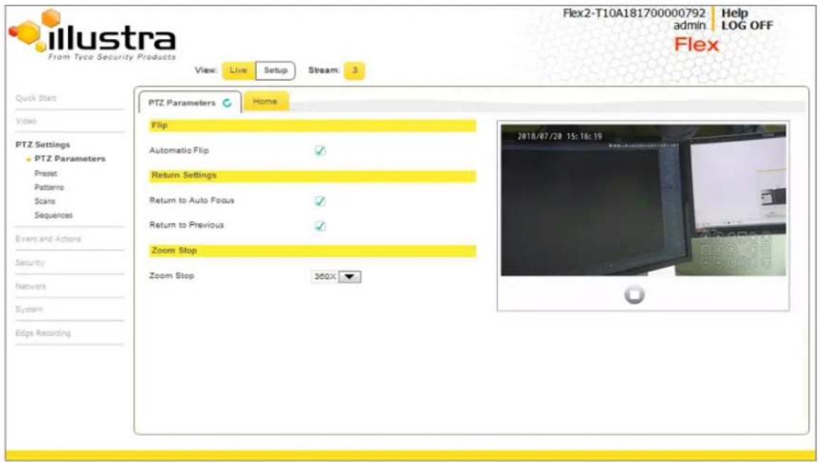 Illustra IFS02P6ONWIT - PTZ Settings Menu - 1