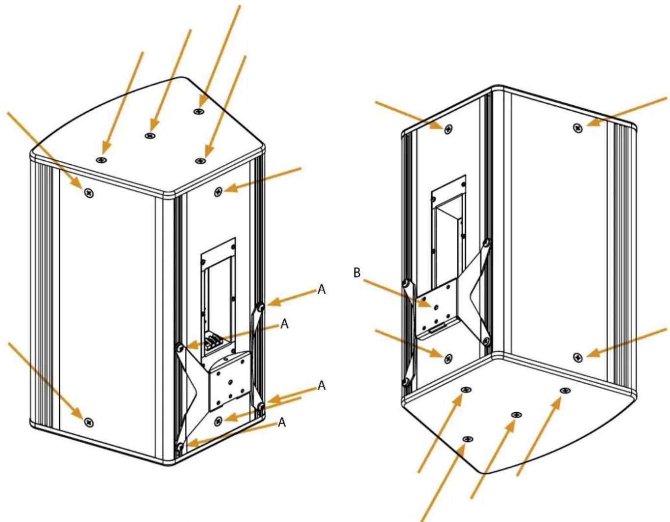 Technical diagram showing two views of a device with labeled components A and B, illustrating internal structure and airflow direction.