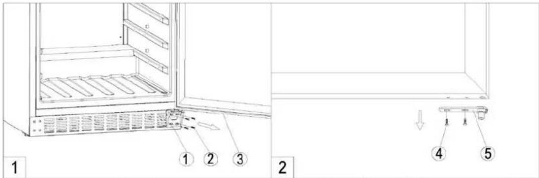 Technical diagram showing labeled components of a refrigerator interior with numbered parts and directional arrows