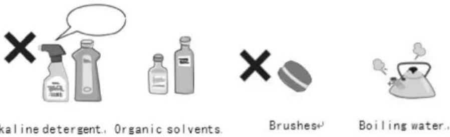 X kaline detergent. Organic solvents. Brushes+ Boiling water.