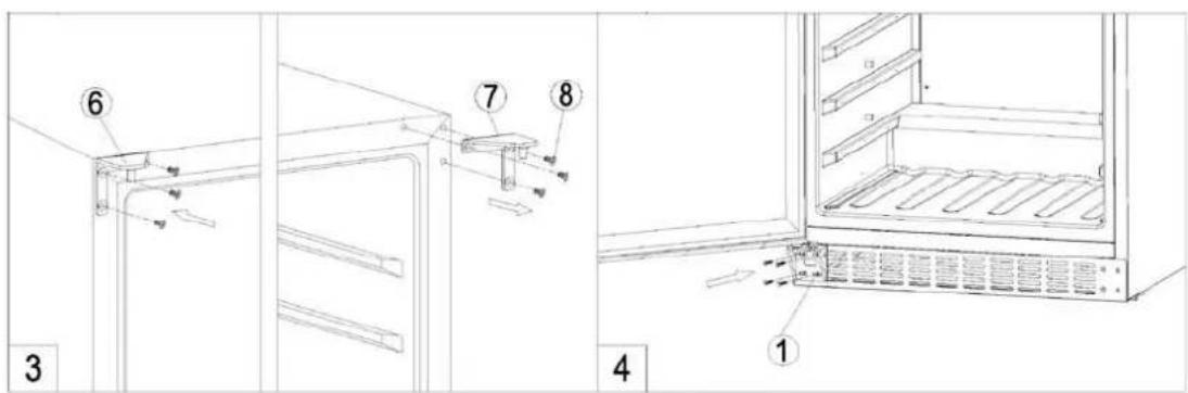 Technical diagram showing labeled components of a refrigerator interior, including door, shelf, and drawer with numbered parts.