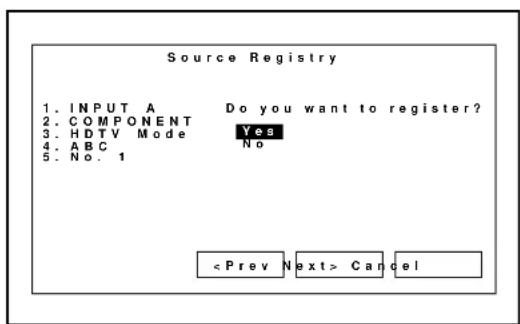 Source Registry 1. INPUT A Do you want to register? 2. COMPONENT Yes 3. HDTV Mode No 4. ABC 5. No. 1 Cancel