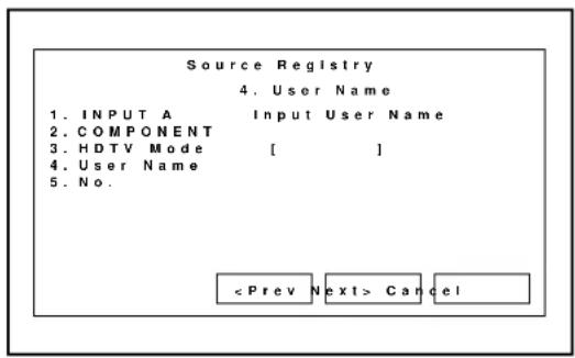 Source Registry 4. User Name 1. INPUT A Input User Name 2. COMPONENT 3. HDTV Mode [ ] 4. User Name 5. No. Cancel