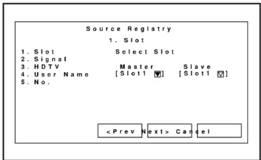Source Registry 1. Slot 1. Slot Select Slot 2. Signal 3. HDTV Master Slave 4. User Name [Slot1 ▼] [Slot1 ▼] 5. No. Cancel