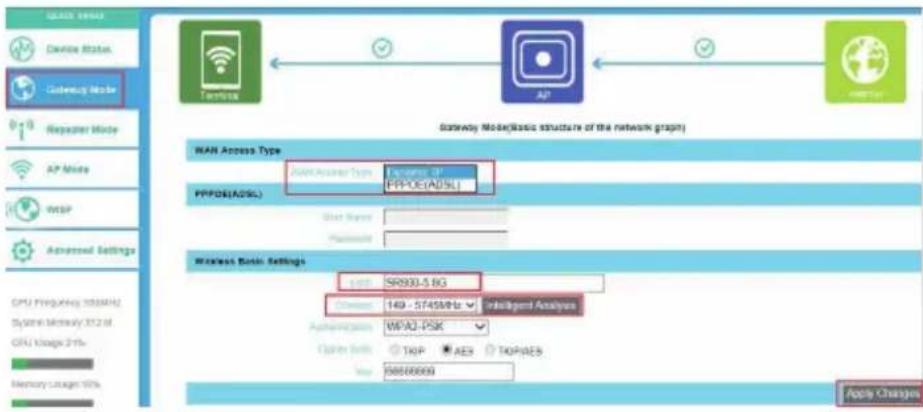 Gateway Mode(Logic structure of the network graph) WAN Access Type Joint Accuracy Type IPPOE(ADSL) PPFOS(ADSL) User Name: Password: Wireless Disk Settings API: SR900-5 BG Device: 149 - 5745MHz Authentication: WFA2-PSK Open Bus: TCPF AES TCPRES Key: 58666666 Apply Changes