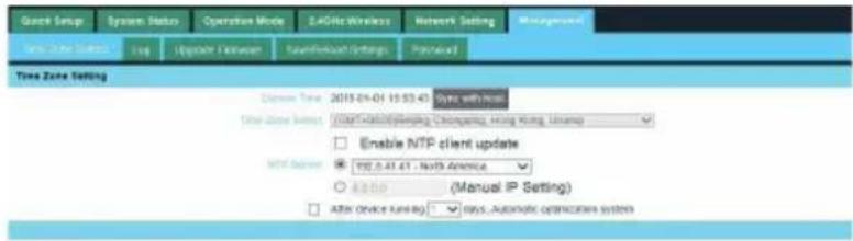 Quick Setup System Status Operation Mode ZAGITc Wireless Network Setting Management Type: Time Zone Log Upgrade Between Raw/Rebuild Settings Protocol Time Zone Setting Duration Time 2015-04-01 15:53:43 System with URL Time Zone Settings Start/Start/Initiating Disksampling, Hsiang Wang, Unisup Enable…