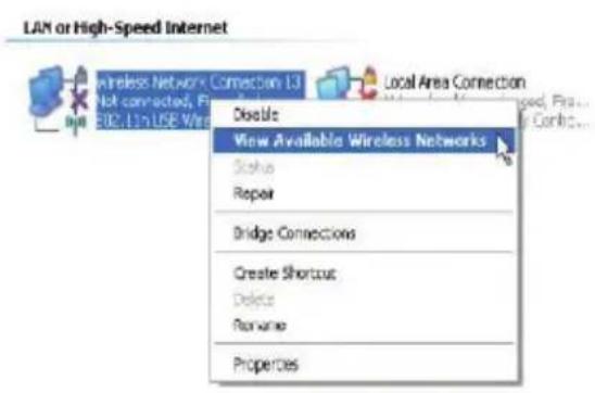 LAM or High-Speed Internet Wireless Network Connection 13 Local Area Connection Not connected, F: E02.1m USE Wire Dislike View Available Wireless Networks Status Repair Bridge Connections Create Shortcut Delete Repair Properties