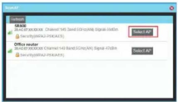 SRS800 26.AG:87.XXX.XX Chained:149 Band.SGHz(AN) Signal-56dBm Security(WPA2-PSKIAES) Office router 26.AG:87.XXX.XX Channel:149 Band.SGHz(AN) Signal-47dBm Security(WPA2-PSKIAES) Select AP Select AP
