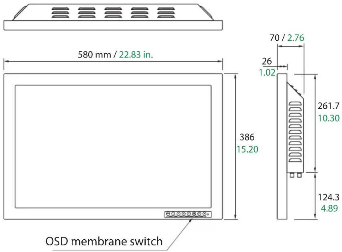 580 mm / 22.83 in. 70 / 2.76 26 1.02 386 15.20 261.7 10.30 124.3 4.89 OSD membrane switch