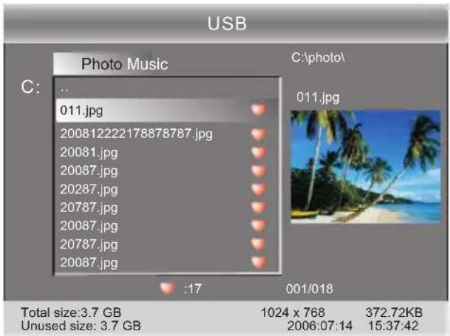 USB Photo Music C: .. 011.jpg 200812222176876787.jpg 20081.jpg 20087.jpg 20287.jpg 20787.jpg 20087.jpg 20787.jpg 20087.jpg :17 001/018 Total size:3.7 GB Unused size: 3.7 GB C:\photo\ 011.jpg 1024 x 768 2006:07:14 372.72KB 15:37:42