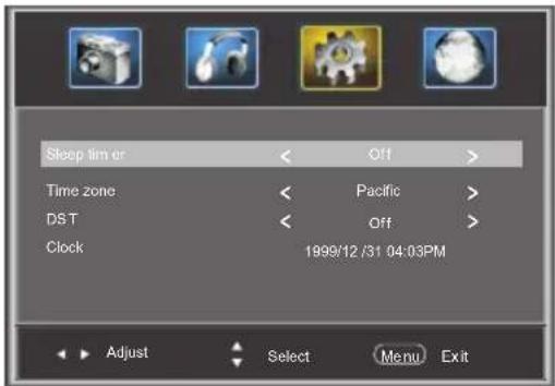 Sleep tim er Time zone DST Clock 1999/12/31 04:03PM Off Pacific Off Adjust Select Menu Exit