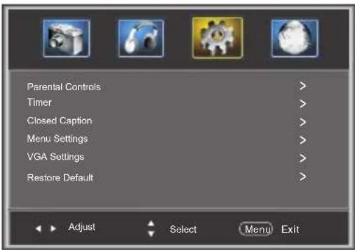 Parental Controls Timer Closed Caption Menu Settings VGA Settings Restore Default Adjust Select Menu Exit