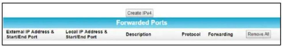 Create IPv4 Forwarded Ports External IP Address & Start/End Port Local IP Address & Start/End Port Description Protocol Forwarding Remove All